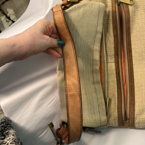 Fossil Explorer Bag Foldover Flap Canvas & Leather Zip Top Magnetic Closure - Picture 10 of 12